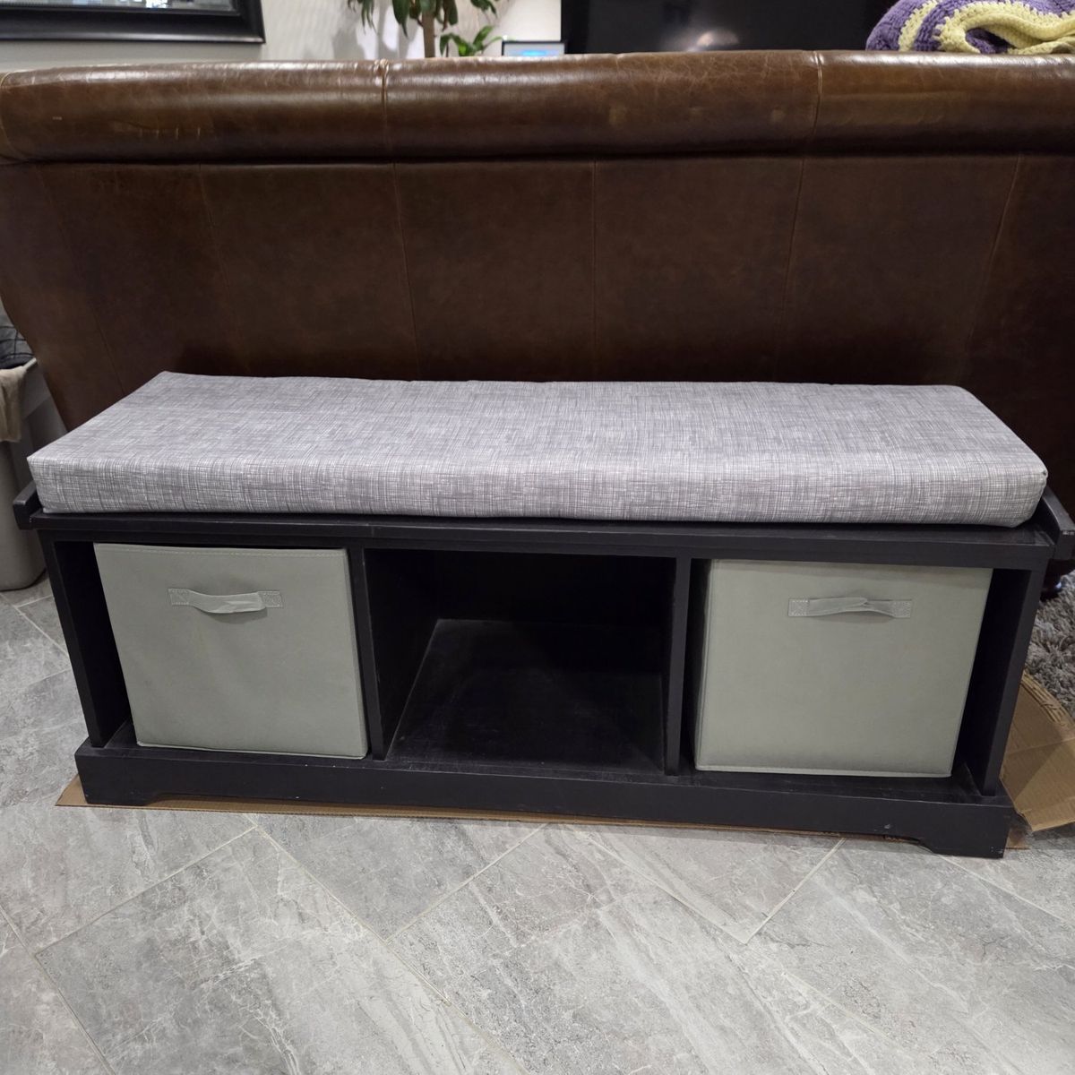 Bench with storage, two totes, cushion