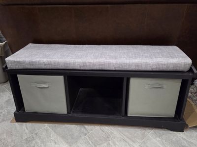 Bench with storage, two totes, cushion