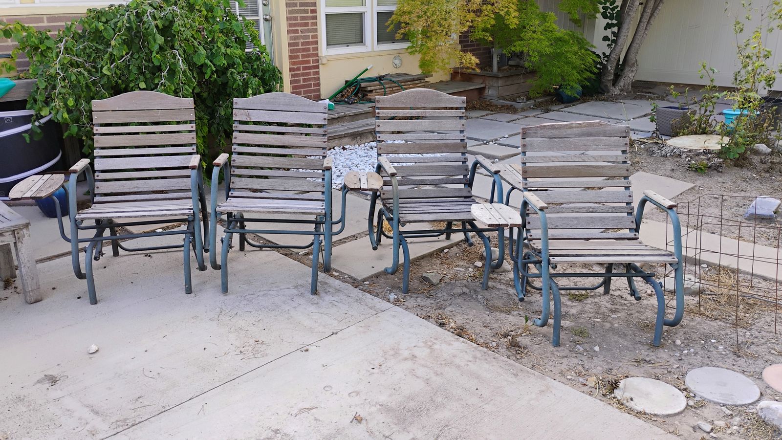 4 Vintage Teak Wood Slats, Glider Rocking Patio Chairs, with Side Tables for each chair. Outdoor Seating