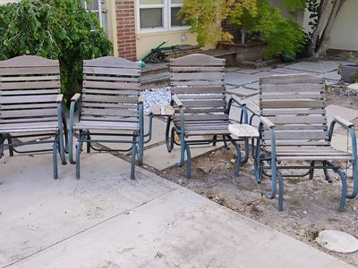 4 Vintage Teak Wood Slats, Glider Rocking Patio Chairs, with Side Tables for each chair. Outdoor Seating