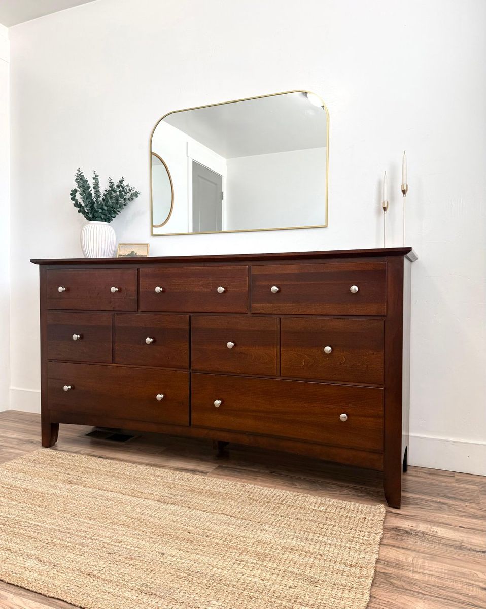 Classic Dark Wood Dresser - 9 Drawer Storage Chest with Silver Knobs