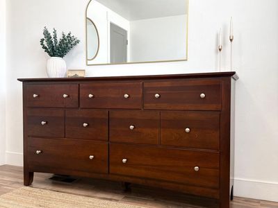 Classic Dark Wood Dresser - 9 Drawer Storage Chest with Silver Knobs