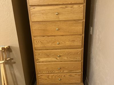 Wooden 7-Drawer Tall Dresser Chest Golden Knobs Light Oak Finish Bedroom Furniture