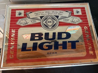 Vintage Budweiser Bud Light Beer Bar Mirror Sign - The World Renowned - Man Cave Decor