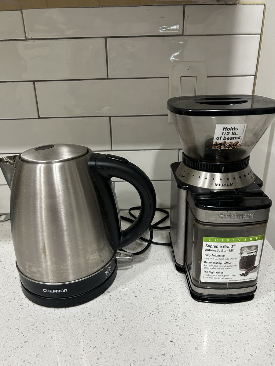 Cuisinart Supreme Grind Automatic Burr Mill Coffee Grinder - Stainless Steel and electric kettle