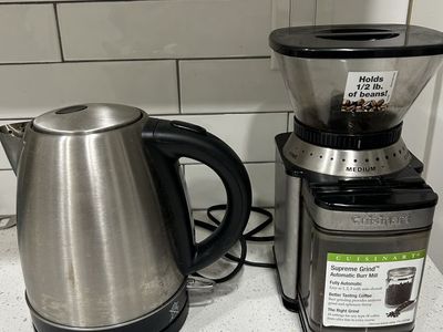 Cuisinart Supreme Grind Automatic Burr Mill Coffee Grinder - Stainless Steel and electric kettle