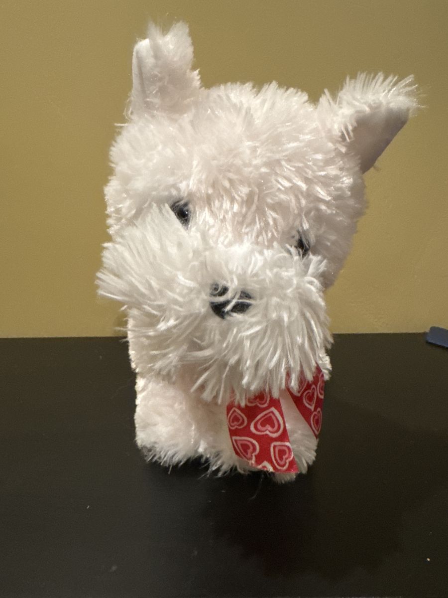 Cute White Fluffy Dog Stuffed Animal Plush Toy with Red Heart Bandana