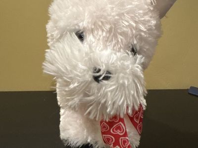 Cute White Fluffy Dog Stuffed Animal Plush Toy with Red Heart Bandana