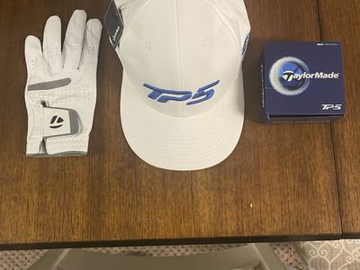 Taylormade TP5 golf hat, balls, and golf glove $30