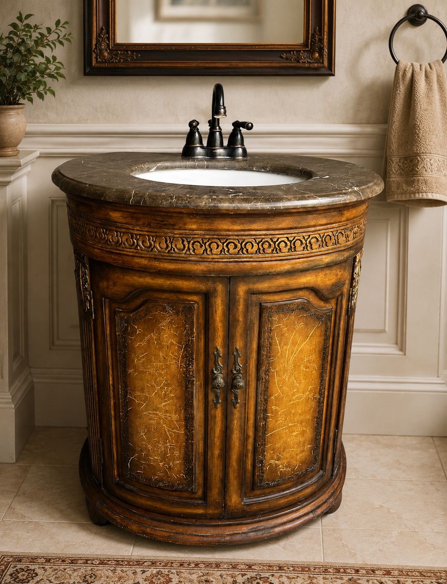 French Provincial Marble Top Bathroom Vanity with Moen Faucet