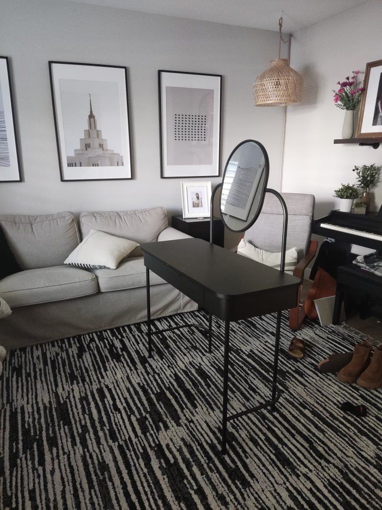 black vanity, dressing table, desk