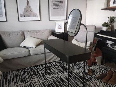black vanity, dressing table, desk