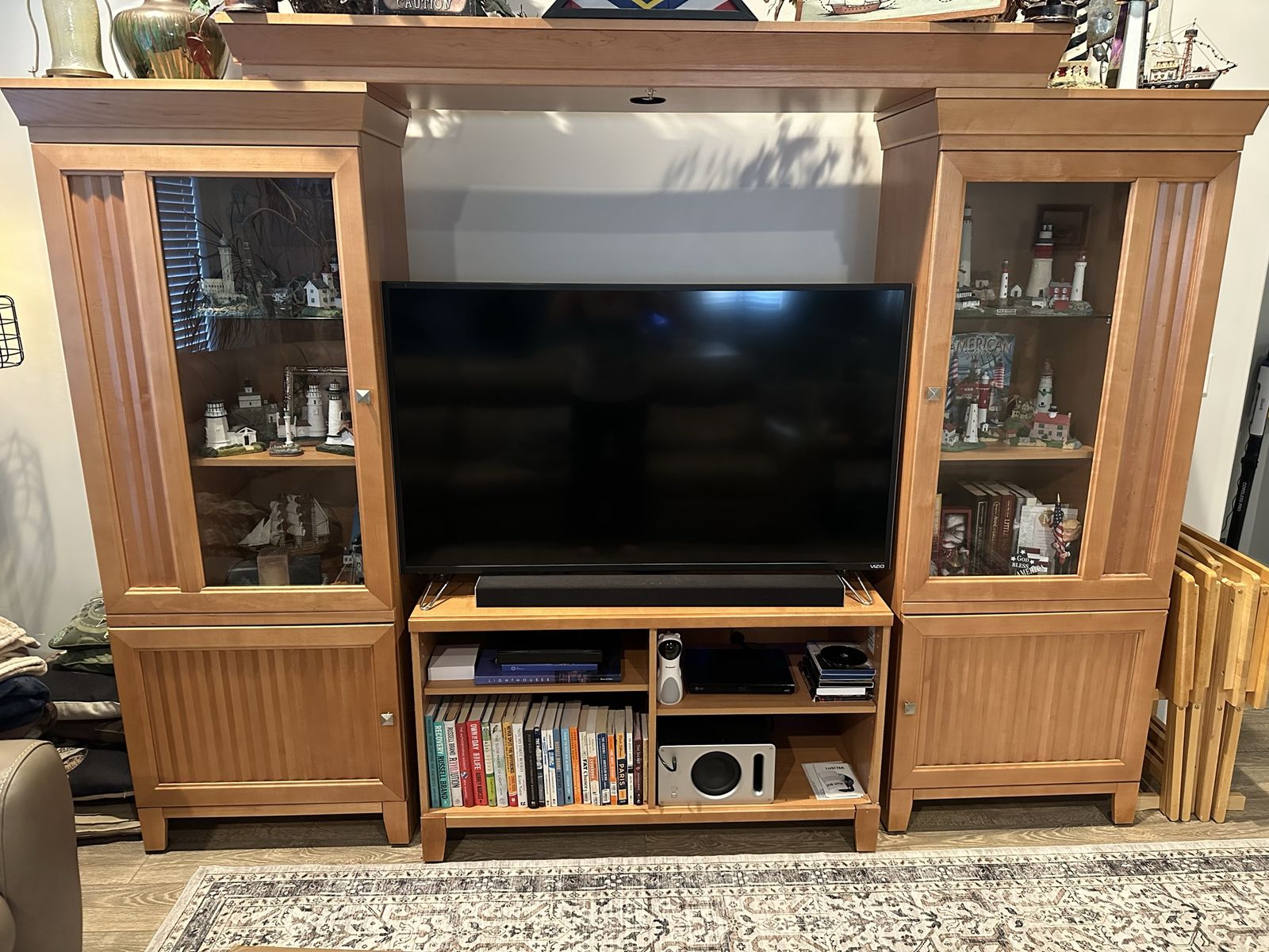 Large Light Wood Entertainment Center Wall Unit with Glass Cabinets & Bridge