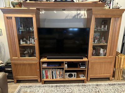 Large Light Wood Entertainment Center Wall Unit with Glass Cabinets & Bridge