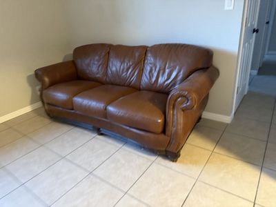 Brown Leather Three-Cushion Sofa