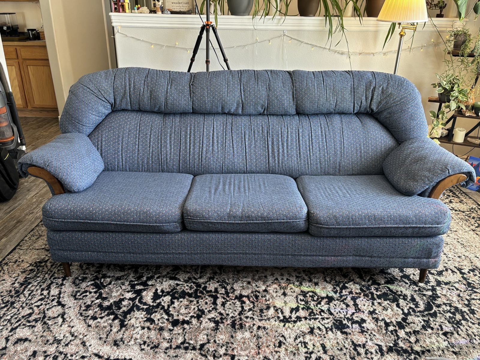 Vintage Blue Fabric Three-Seater Sofa Couch with Wooden Arm Accents - Used