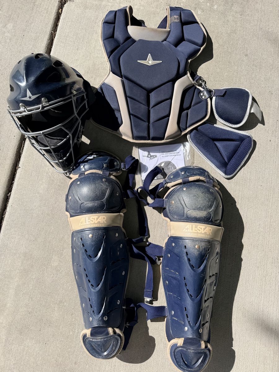 All-Star Top Star Series Youth Catcher's Gear Set - Navy Blue / Tan (Ages 9-12)