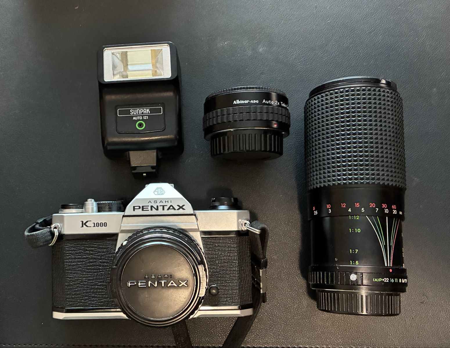 Pentax K1000 Film Camera Kit-stored in bag 37yrs - 50mm lens + 80-200mm Zoom + Flash