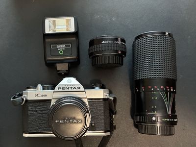 Pentax K1000 Film Camera Kit-stored in bag 37yrs - 50mm lens + 80-200mm Zoom + Flash