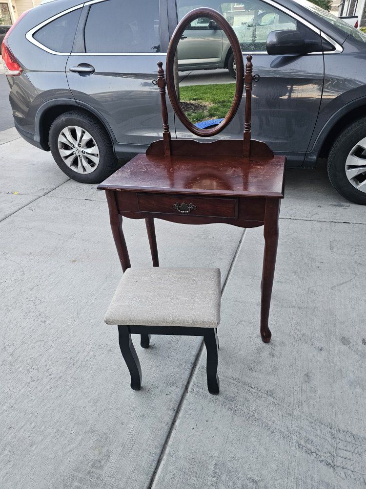 Powell Wooden Vanity Table Set with Oval Mirror and Cushioned Stool