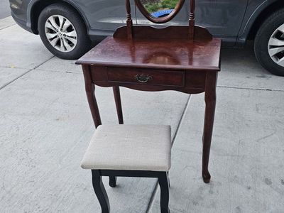 Powell Wooden Vanity Table Set with Oval Mirror and Cushioned Stool