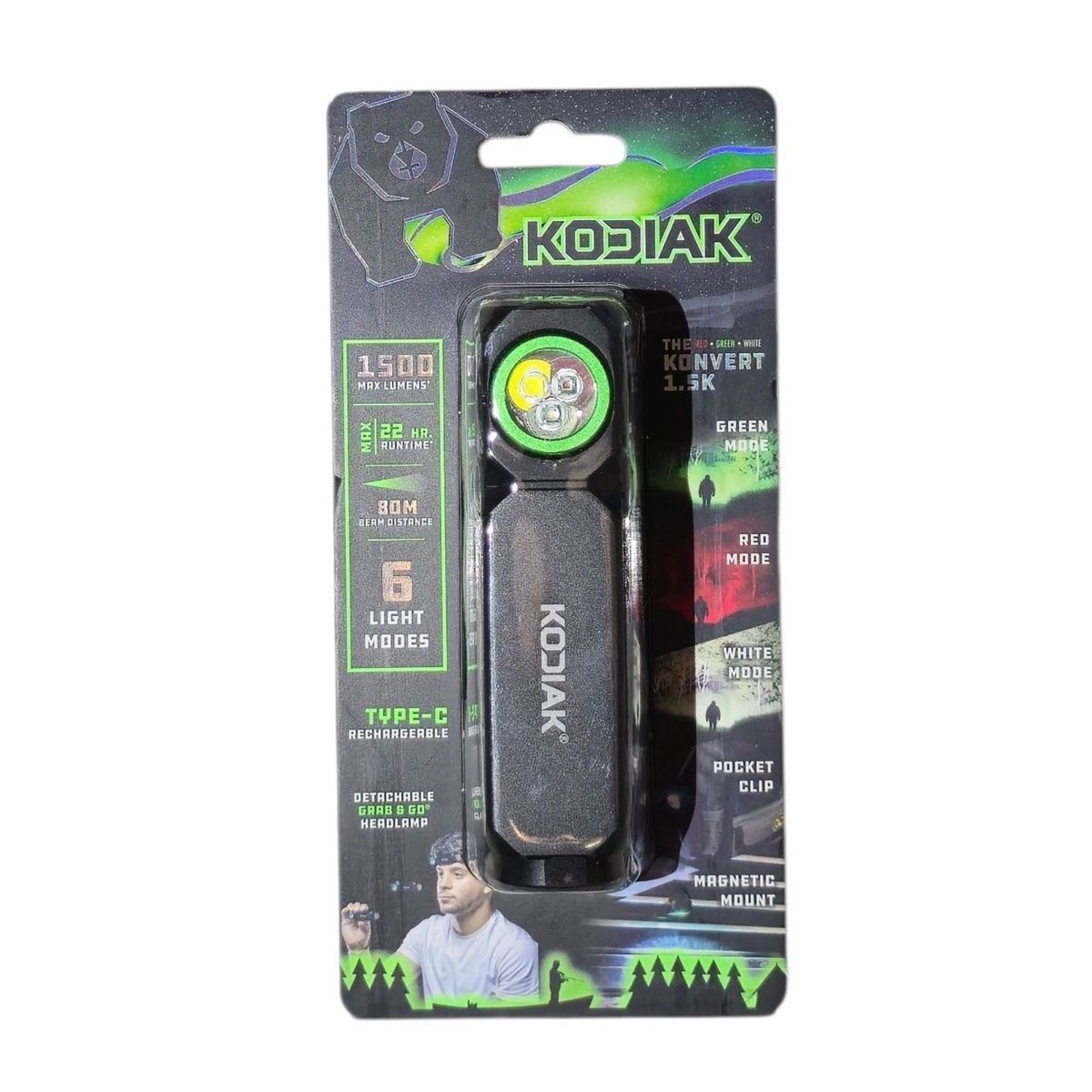 Kodiak Konvert 1.5K Rechargeable Headlamp Converts to Work Light 1500 Lumens