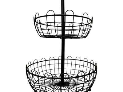 New 2-Tier Fruit Basket Stand Wrought Iron, Black, Countertop