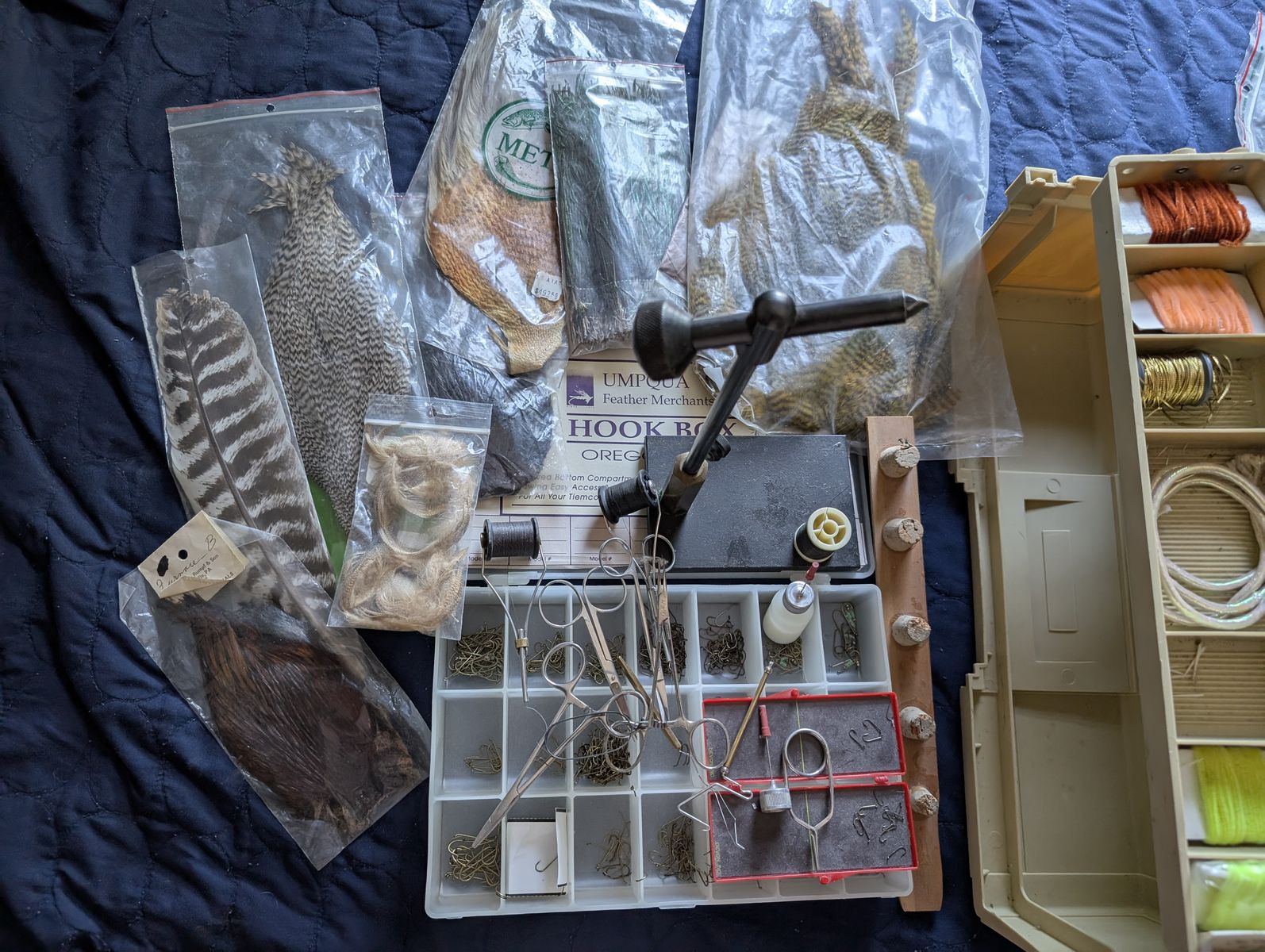 Fly Tying Kit: Vise, Hooks, Feathers & Thread Complete fly tying set up Fenwick 9' rod reel and bushmaster 4 piece rod