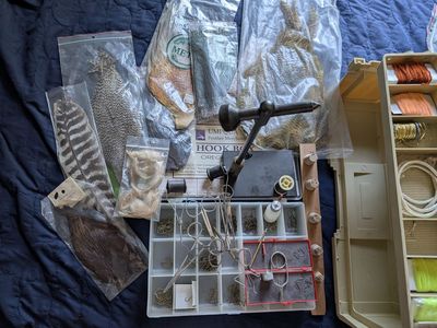 Fly Tying Kit: Vise, Hooks, Feathers & Thread Complete fly tying set up Fenwick 9' rod reel and bushmaster 4 piece rod