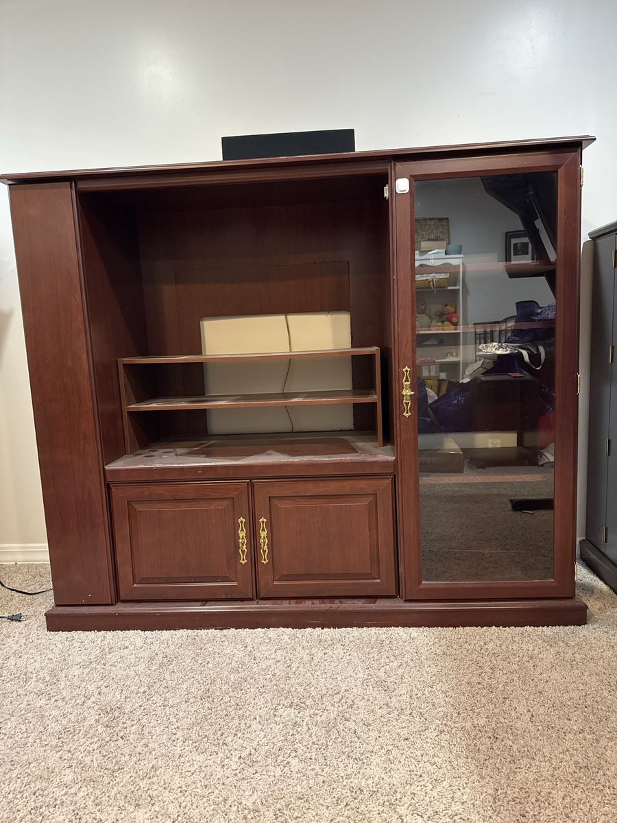 Traditional Wooden Entertainment Center Armoire with Glass Cabinet and Media Storage