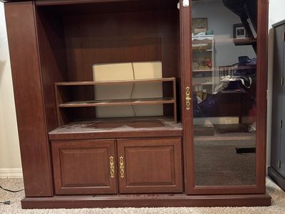 Traditional Wooden Entertainment Center Armoire with Glass Cabinet and Media Storage
