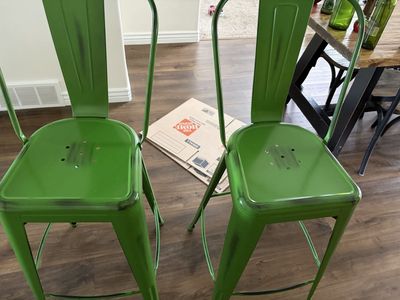 Set of 2 Green Distressed Metal Bar Stools