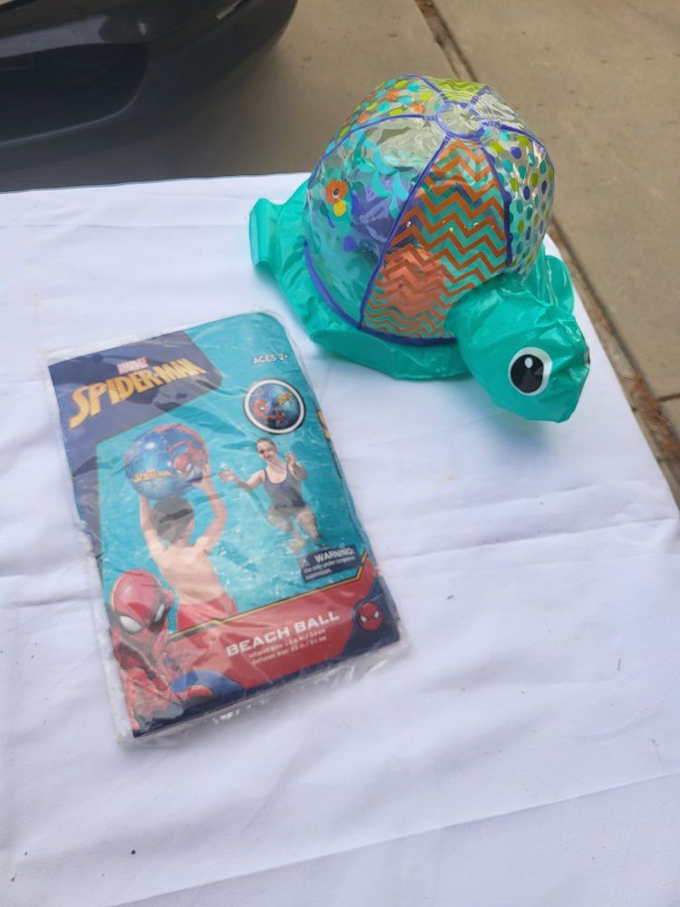 Inflatable Pool Toys Lot - Marvel Spider-Man Beach Ball and Turtle Sprinkler / Float
