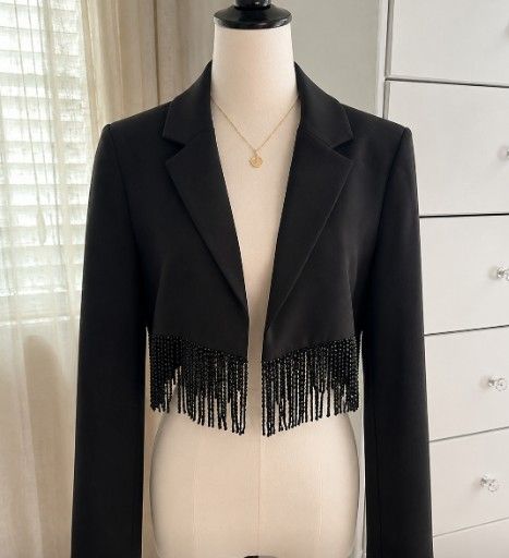 Women’s DKNY Black Blazer Fringe Trim Size 8 NEW Macy’s Chic Jacket