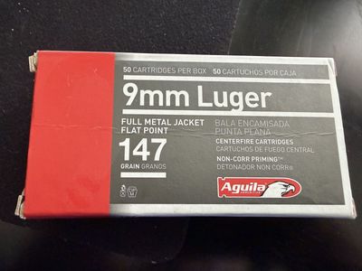 Full Box 50rds 9mm 147gr FMJ Ammo - Aguila