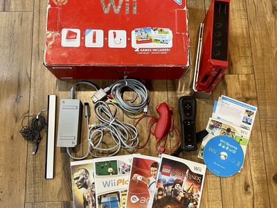 Red 25th Mario Anniversary Red Nintendo Wii Console With Games (Missing Mario Game)