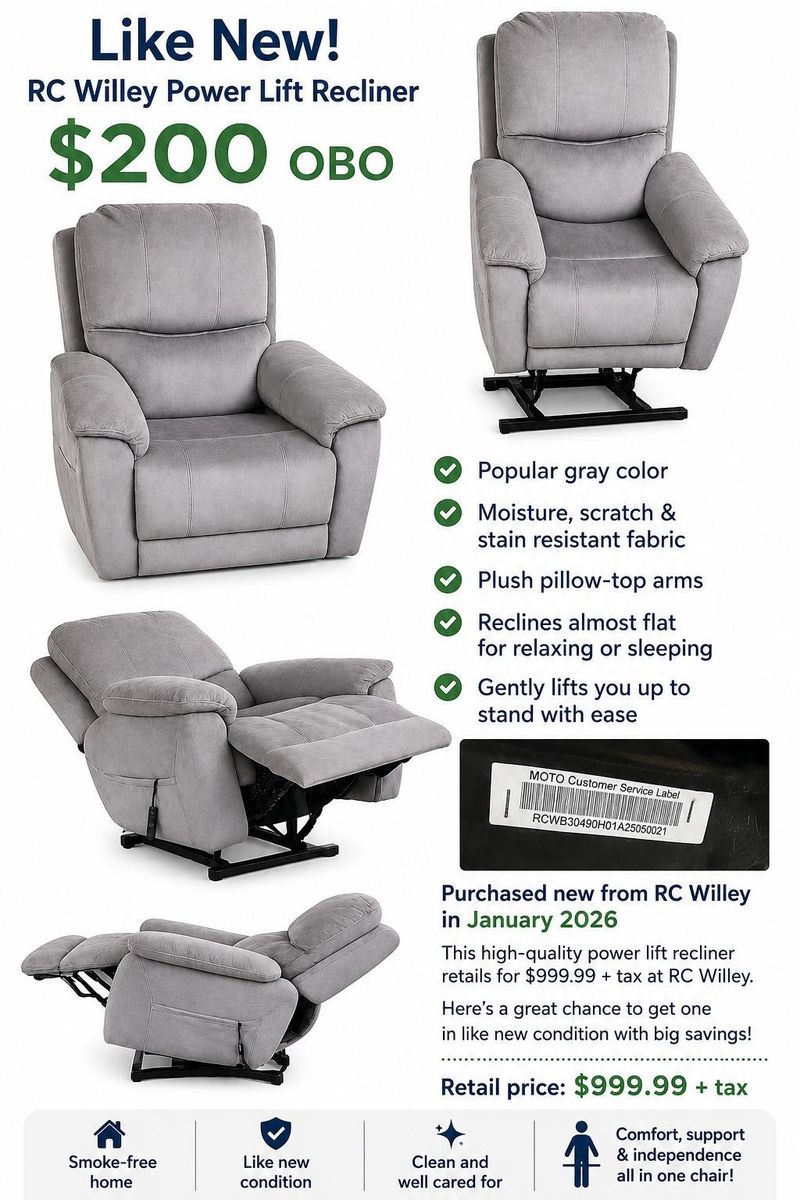 RC Willey Power Lift Recliner - Gray, Moisture/Stain Resistant Fabric, Reclines Flat