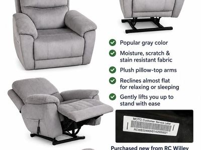RC Willey Power Lift Recliner - Gray, Moisture/Stain Resistant Fabric, Reclines Flat