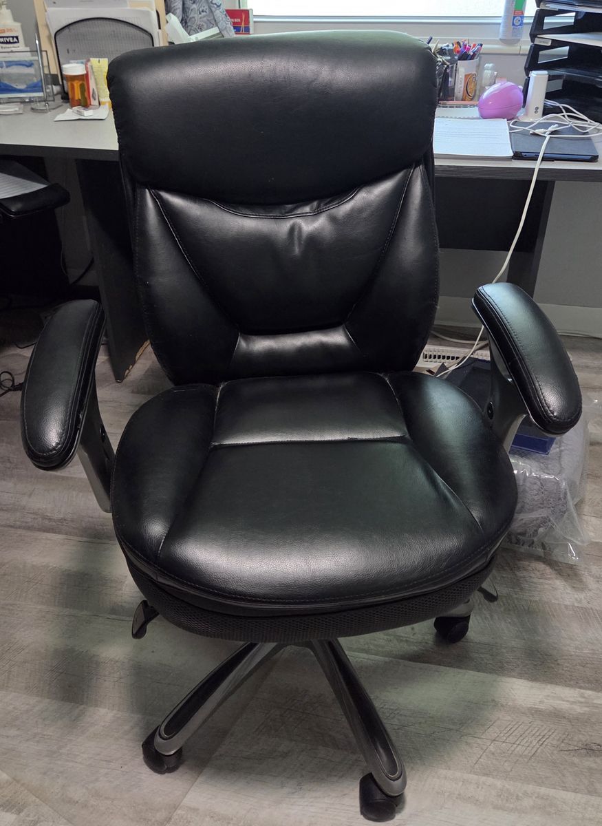 Black Leather Executive Office Chair with Padded Armrests & Rolling Base