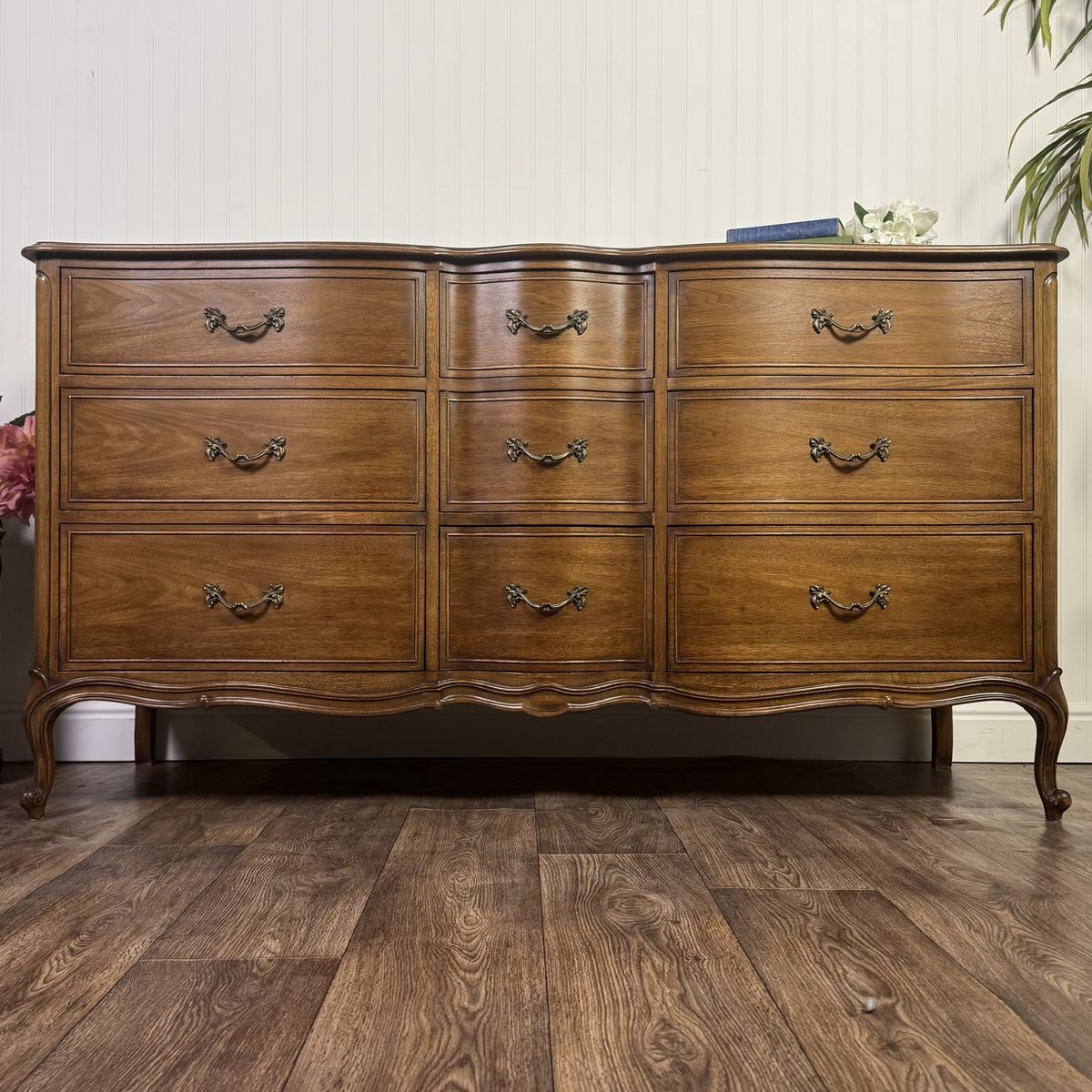 French Provincial Vintage Drexel Bordeaux 9-Drawer Serpentine Lowboy Dresser