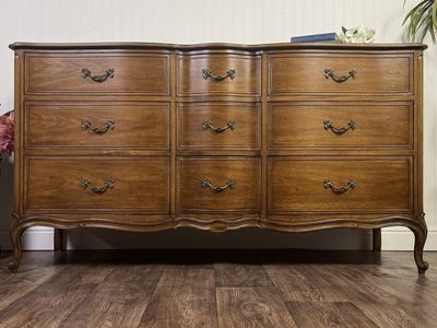 French Provincial Vintage Drexel Bordeaux 9-Drawer Serpentine Lowboy Dresser