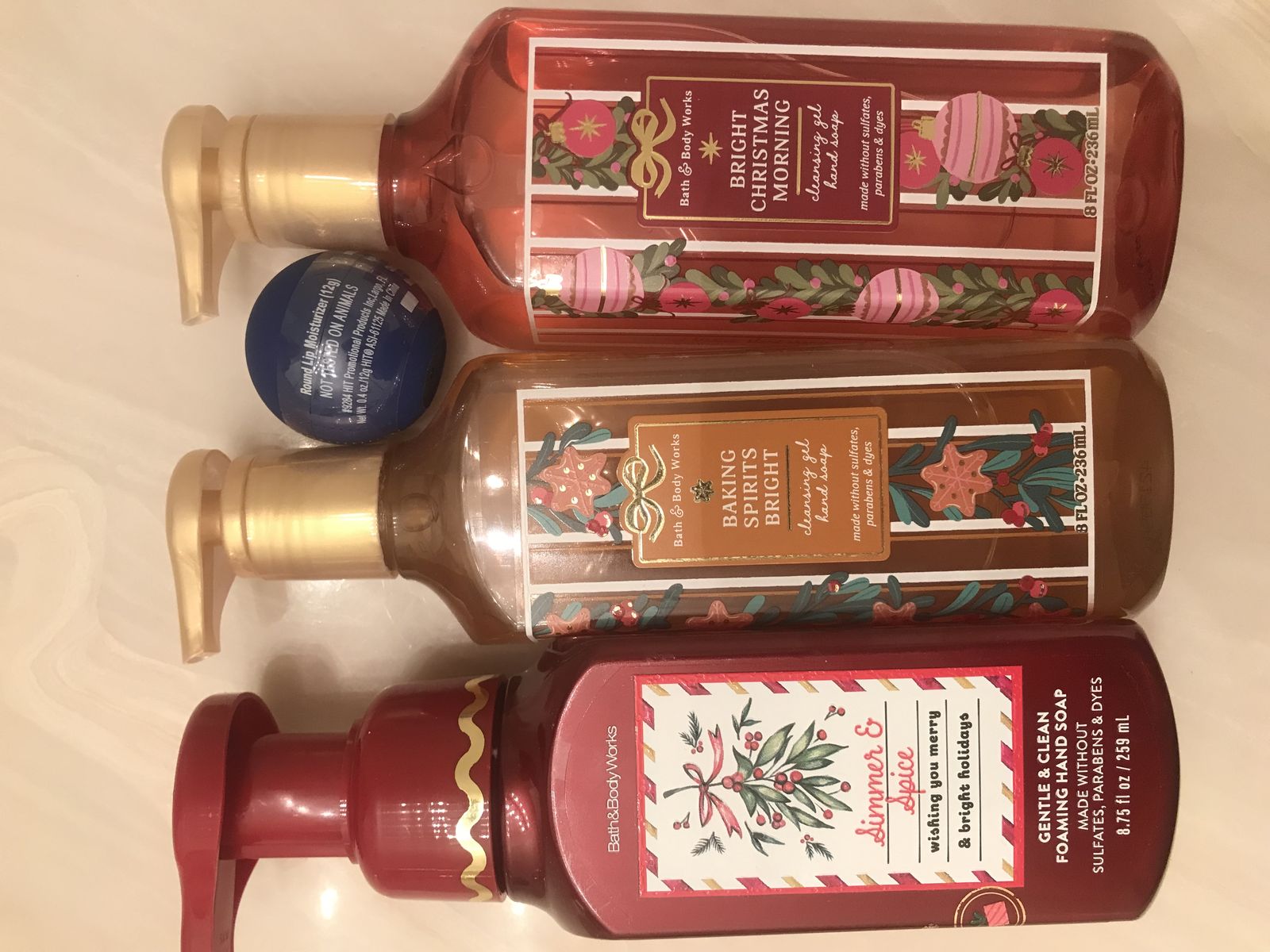 4 Bath & Body Works Gel Hand Soap Bright Christmas Morning Baking Spirits Bright Foaming soap Simmer & Spice lip moisturizer