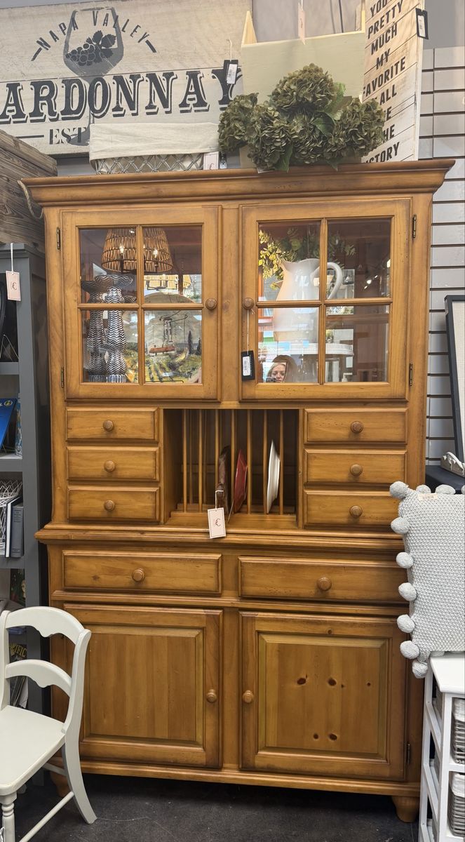 Solid Wood China Cabinet Hutch with Glass Doors, Plate Rack & Drawers