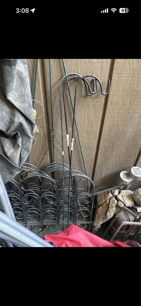 Metal Garden Decor Lot: garden fencing, mini Shepherd Hooks, Butterfly & Flower Stakes, Hose Reel