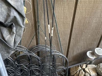 Metal Garden Decor Lot: garden fencing, mini Shepherd Hooks, Butterfly & Flower Stakes, Hose Reel