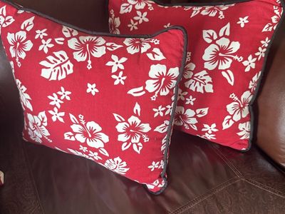 Set of 2 homemade hibiscus flower patterns covers (inserts not) red, black and white. 15” by 15”