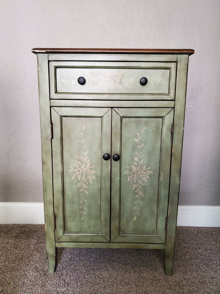 Distressed Green Floral Media Cabinet with Drawer & Double Doors - Compact Storage