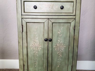 Distressed Green Floral Media Cabinet with Drawer & Double Doors - Compact Storage