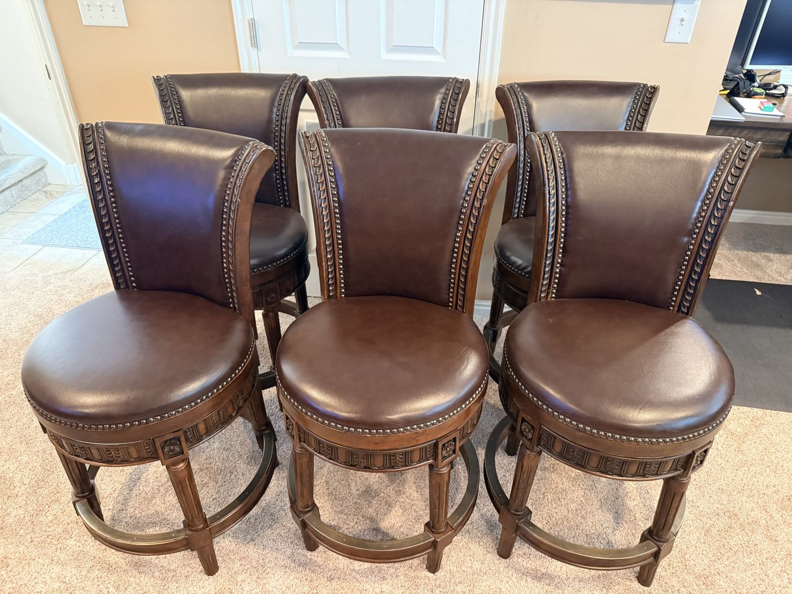 Espresso Leather & Carved Wood Counter Stools (Set of 6)