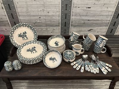 Vintage Moose Rustic Dinnerware & Flatware Set - Plates Bowls Mugs Creamer Sugar